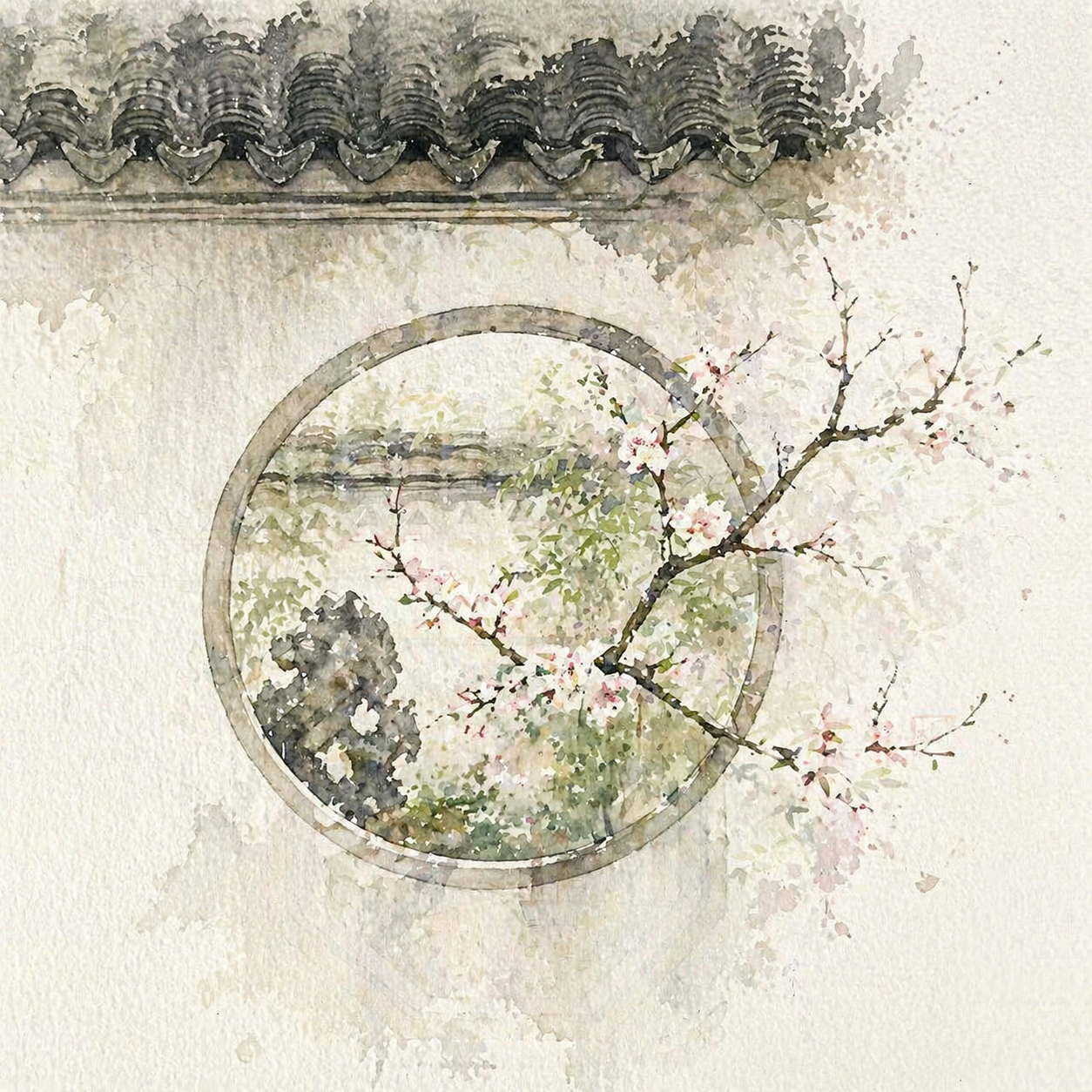 Plum branch through moon window