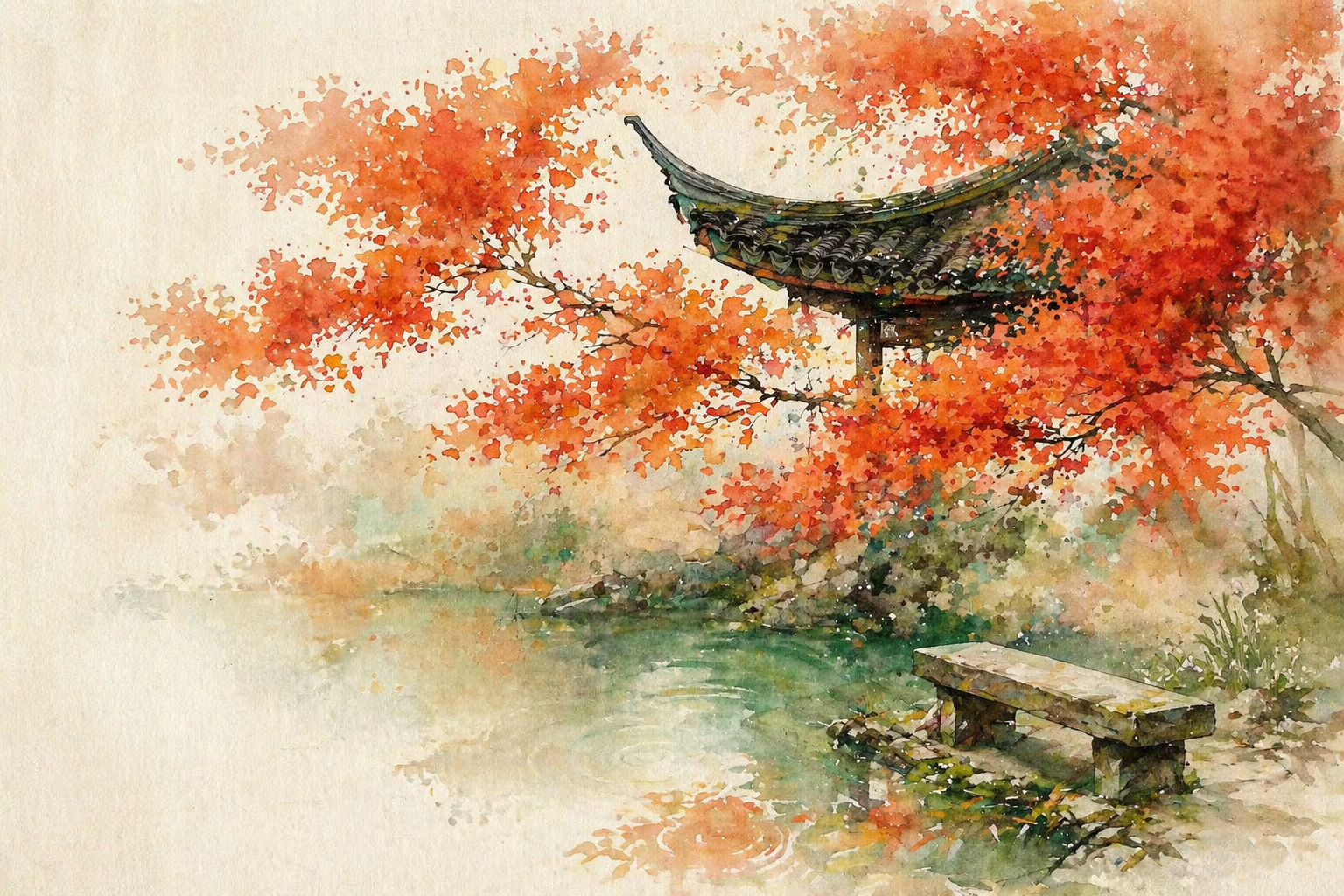 Watercolor of a pavilion under maple branches